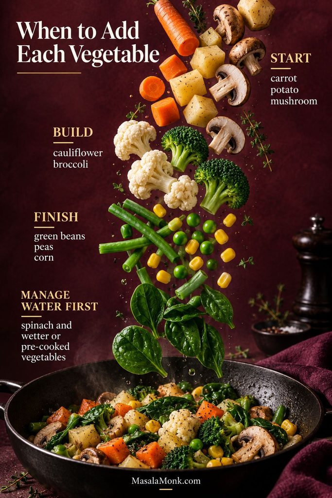 Vegetable timing guide showing carrots, potatoes and mushrooms added early; cauliflower and broccoli next; green beans, peas and corn later; and spinach or wetter vegetables needing moisture control first.