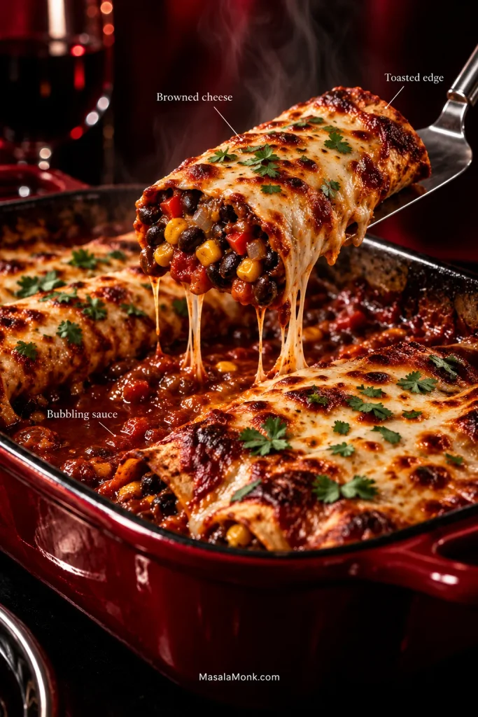 A spatula lifting a baked enchilada from a red casserole dish, with black beans, corn, red pepper and onion visible inside, surrounded by bubbling sauce, browned cheese and a toasted tortilla edge.