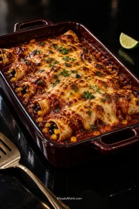 Baked vegetarian enchiladas in a dark red casserole dish with glossy red sauce, browned melted cheese, and black beans and corn visible around some tortilla edges.