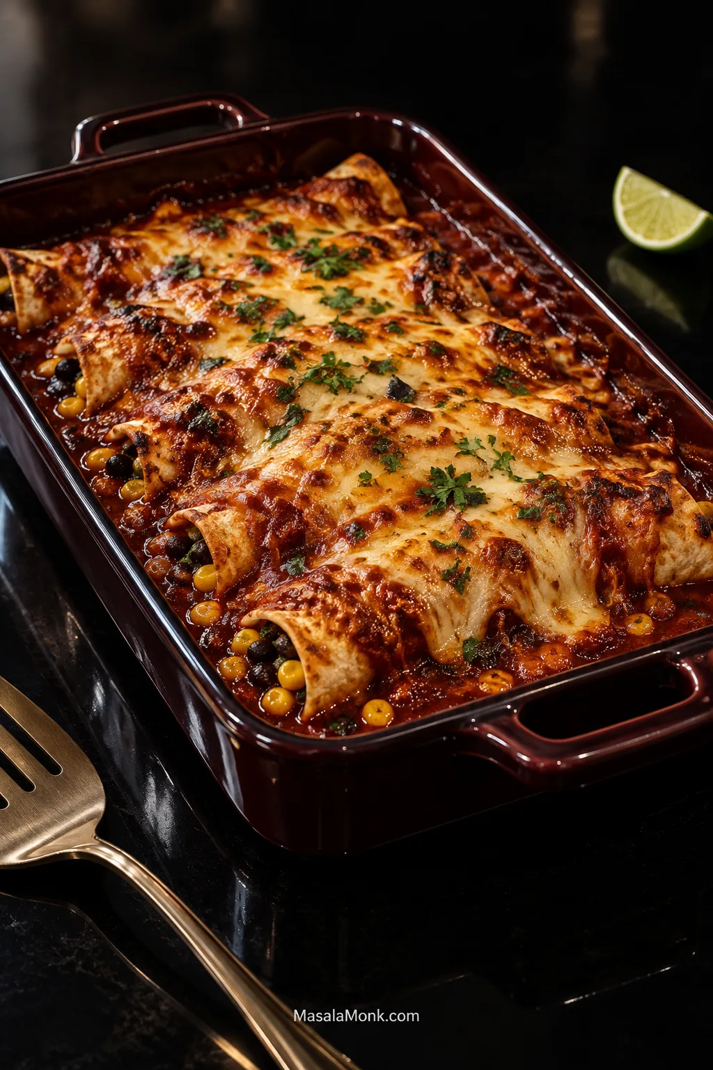 Baked vegetarian enchiladas in a dark red casserole dish with glossy red sauce, browned melted cheese, and black beans and corn visible around some tortilla edges.
