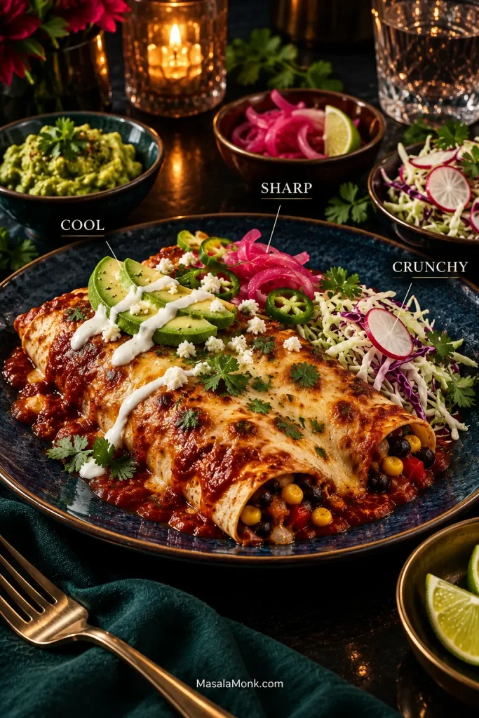 Plated vegetarian enchiladas with avocado and crema marked as cool, pickled red onion and lime marked as sharp, and cabbage and radish marked as crunchy.
