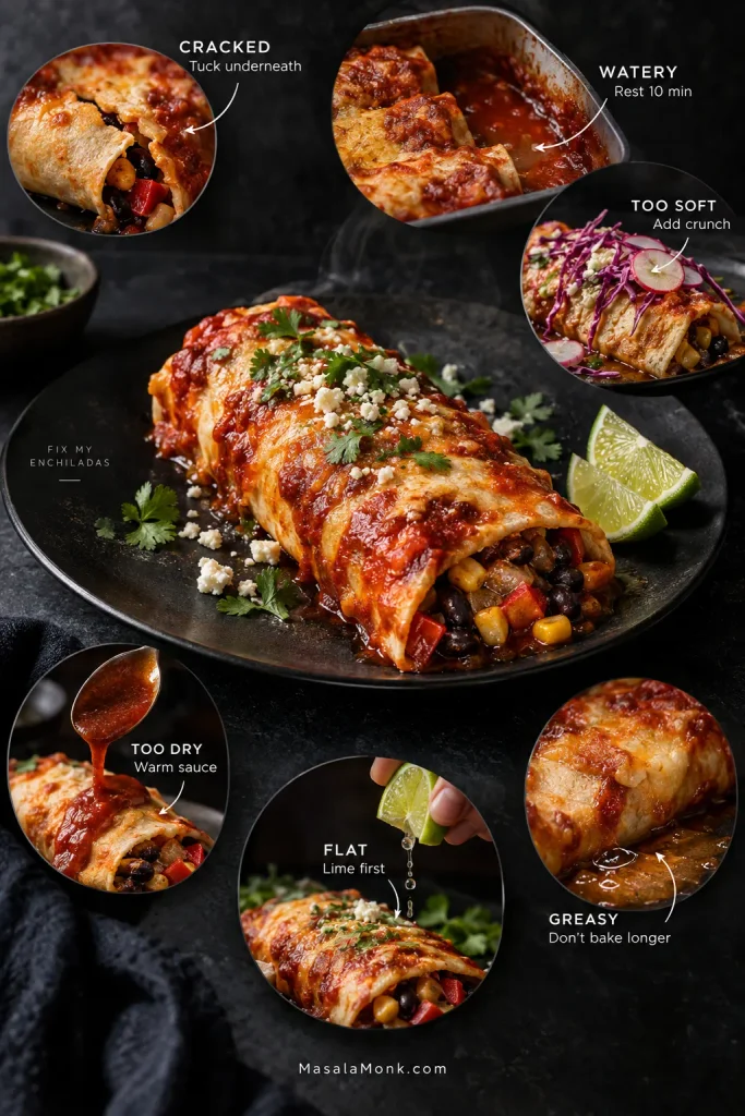 Troubleshooting guide around a baked enchilada showing six problems and fixes: cracked, watery, too soft, too dry, flat and greasy.
