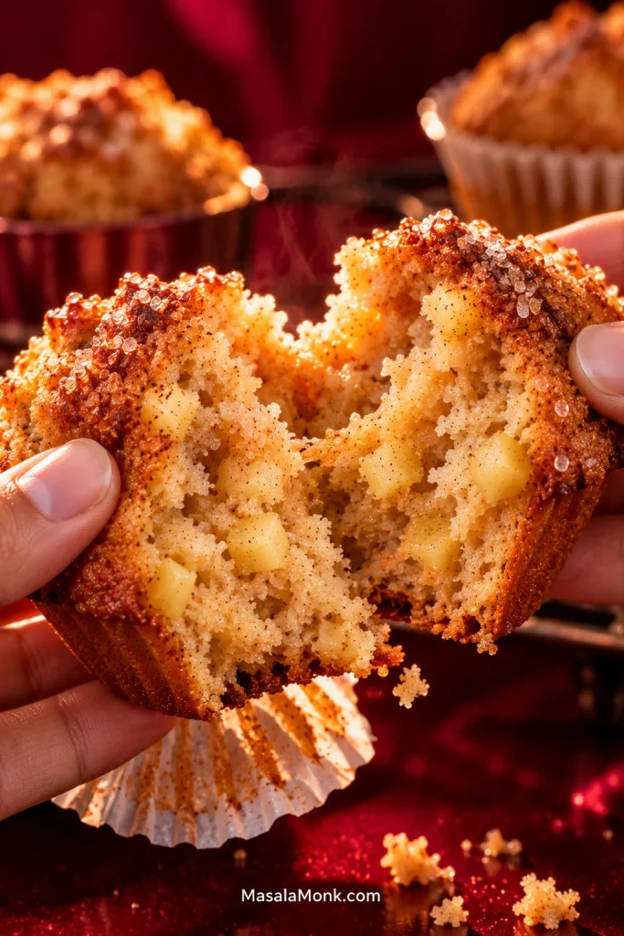 Two hands pulling apart a warm apple cinnamon muffin, revealing soft golden crumb, small apple pieces and a cinnamon-sugar crust.