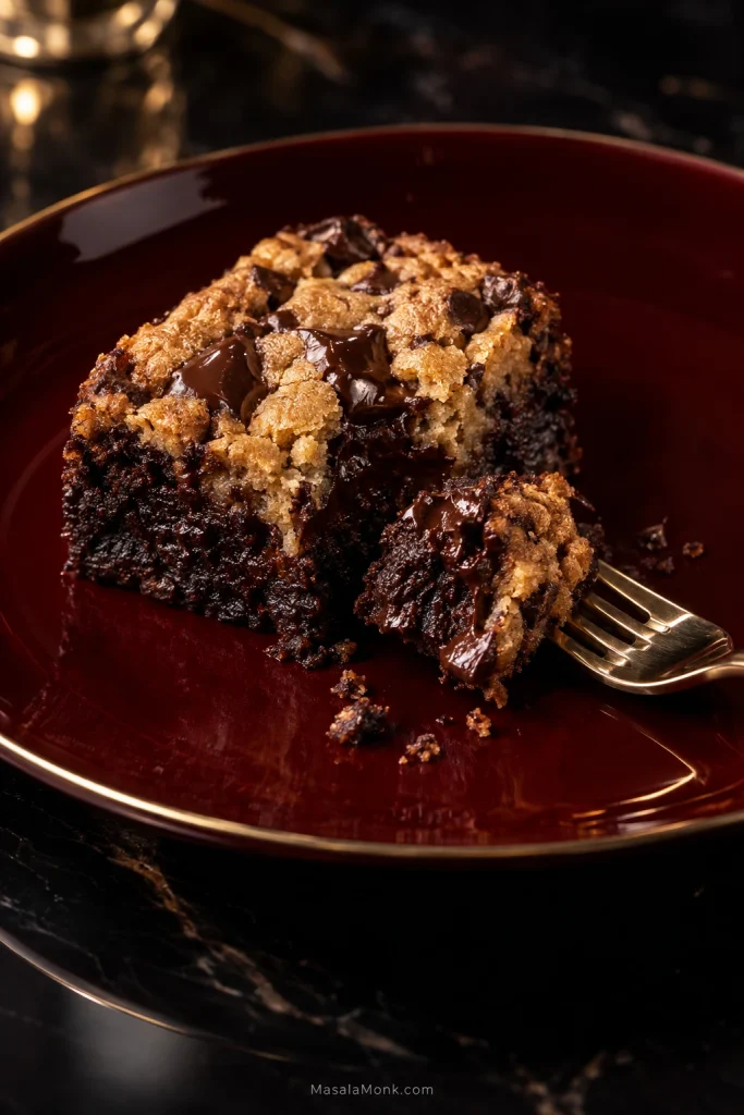 A warm Brookie on a deep red plate with a fork breaking off a soft piece and melted chocolate visible inside.