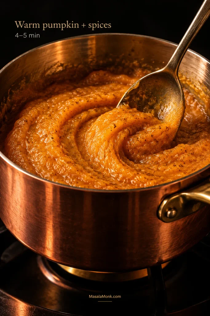 Thick orange pumpkin purée with spice flecks being stirred in a copper saucepan, with text indicating a 4–5 minute warming step.