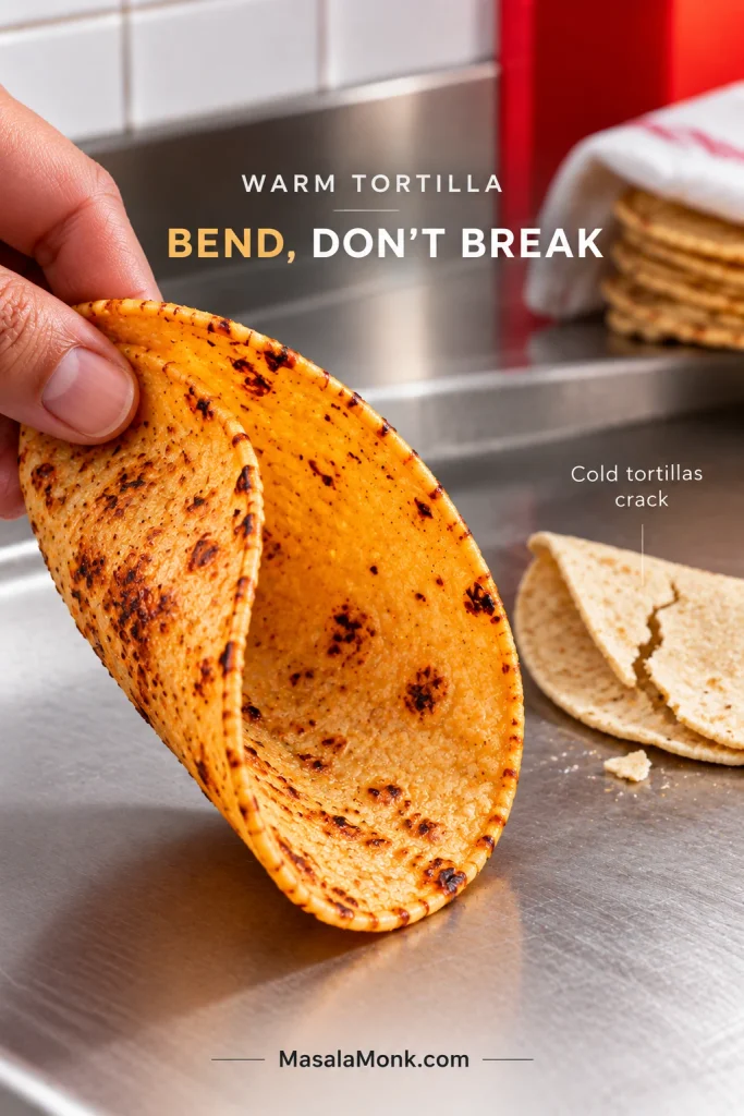 Warm corn tortilla bending smoothly in a hand beside a colder tortilla cracked along the fold.