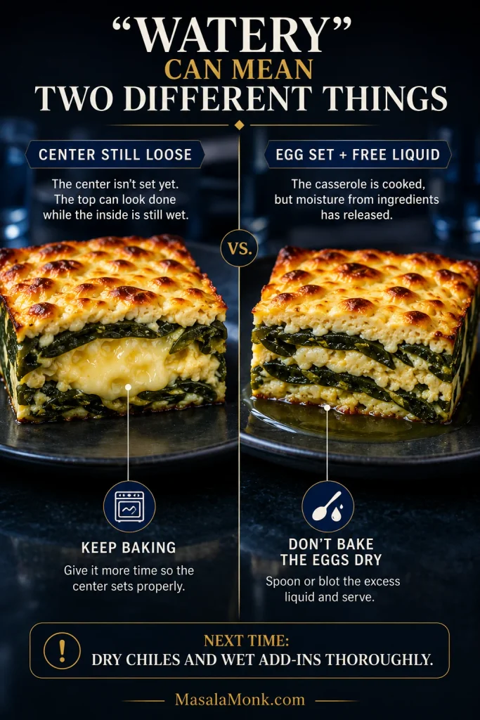 Comparison showing an underbaked casserole with a wet unset center beside a fully set slice with separate liquid pooled around the edge.