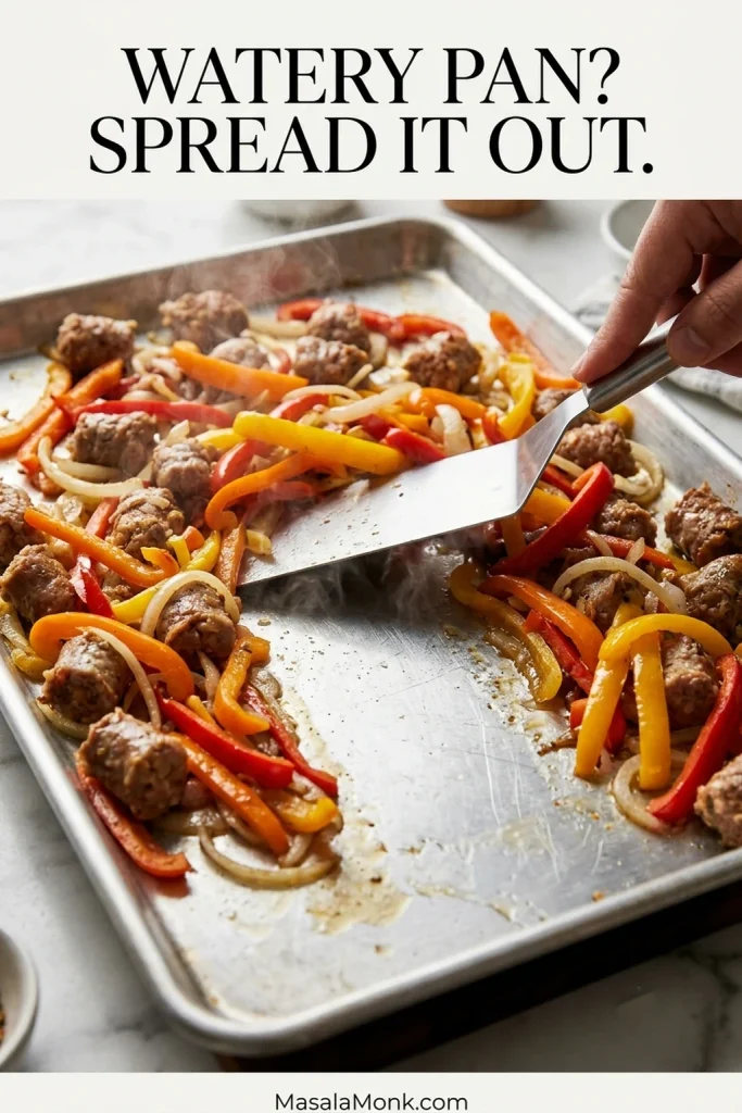 A stainless spatula pushes wet peppers and onions apart on a crowded sausage sheet pan, opening a wide strip of bare aluminum through the center.