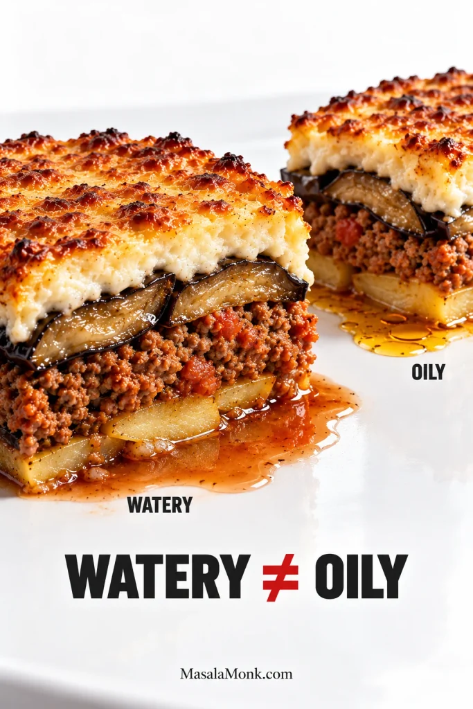Two moussaka portions showing thin reddish watery liquid beneath one slice and clear golden-orange oily liquid beneath the other.