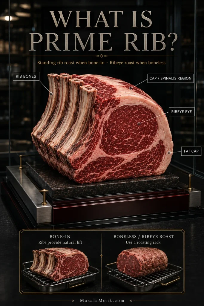 Labeled prime rib anatomy identifying the rib bones, ribeye eye, cap or spinalis, fat cap, and bone-in versus boneless roasting setup.