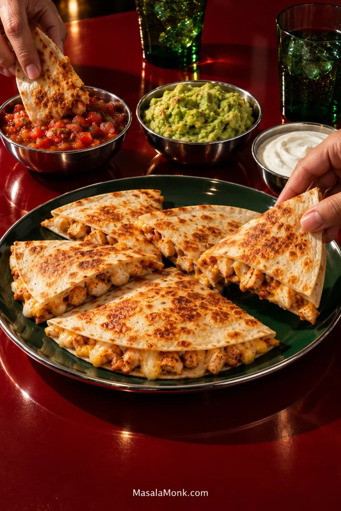 Platter of golden chicken quesadilla wedges on a red table with bowls of chunky red salsa, guacamole and white creamy sauce, while hands pick up and dip quesadilla pieces.