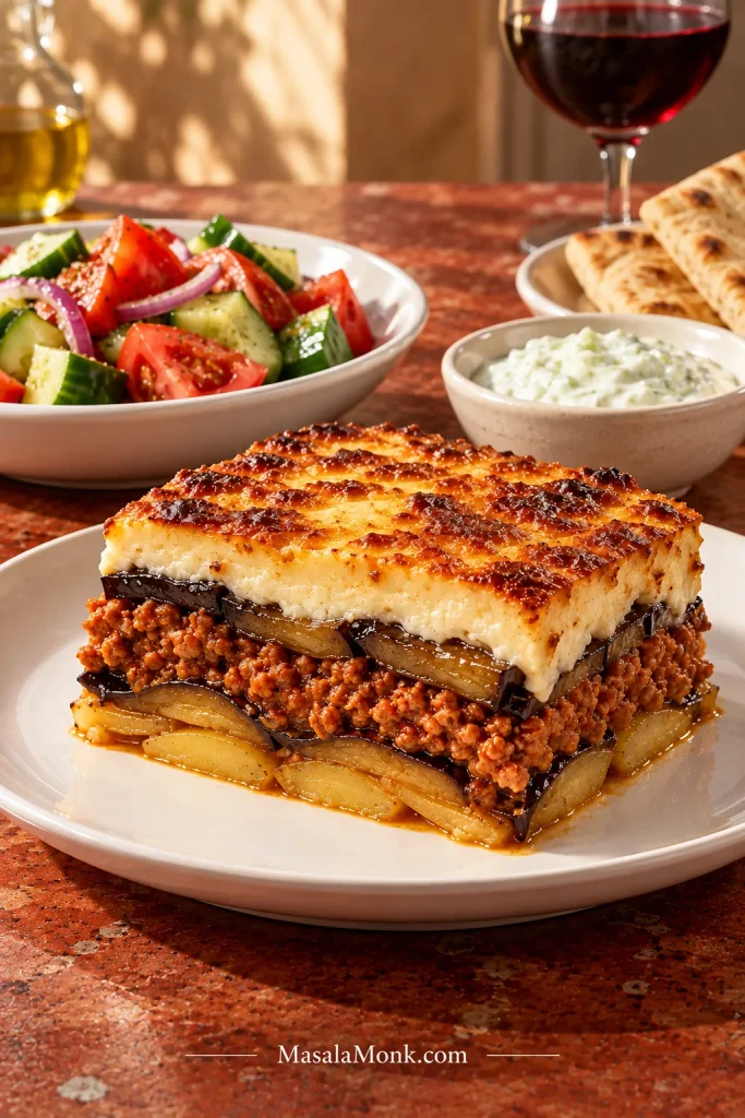 Plated moussaka slice served with cucumber-tomato salad, tzatziki and warm pita on a rust-coloured table.