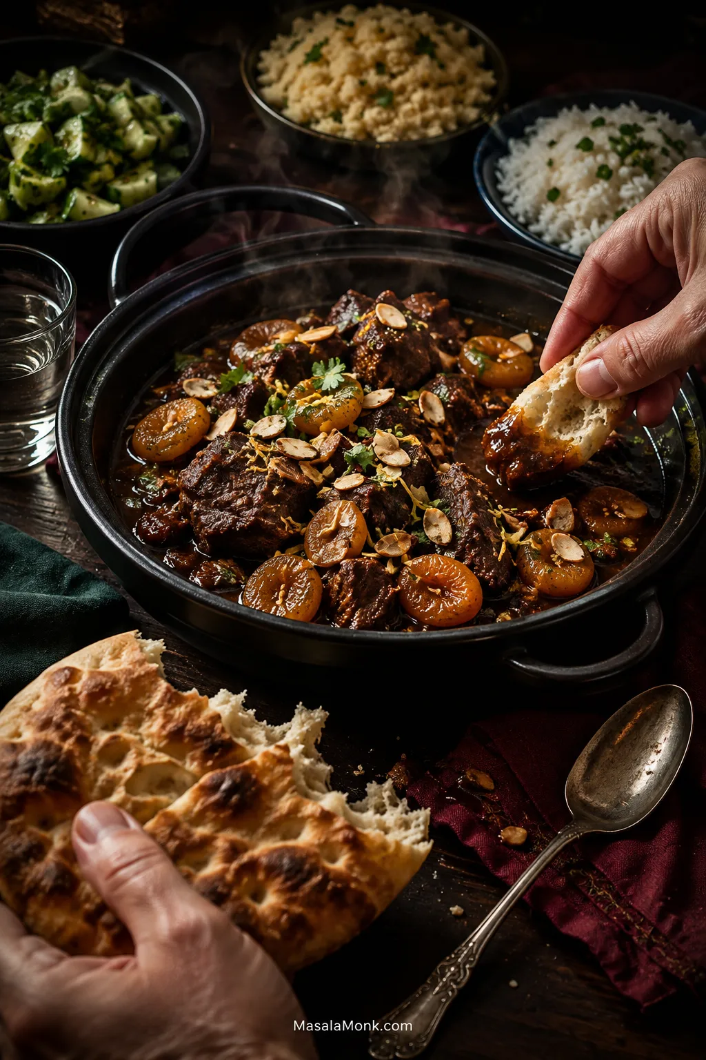 Hands tearing bread beside a large lamb and apricot tagine, with separate bowls of couscous, rice and cucumber-herb salad on a dark dining table.
