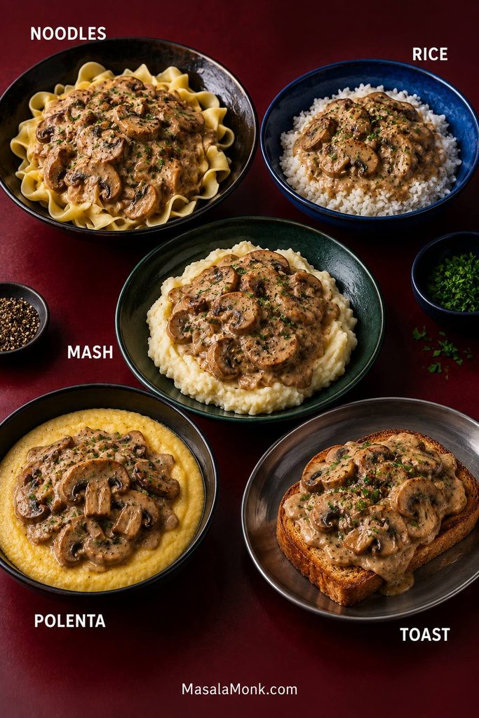 Five servings of mushroom stroganoff labeled Noodles, Rice, Mash, Polenta and Toast, each topped with the same browned mushroom sauce.