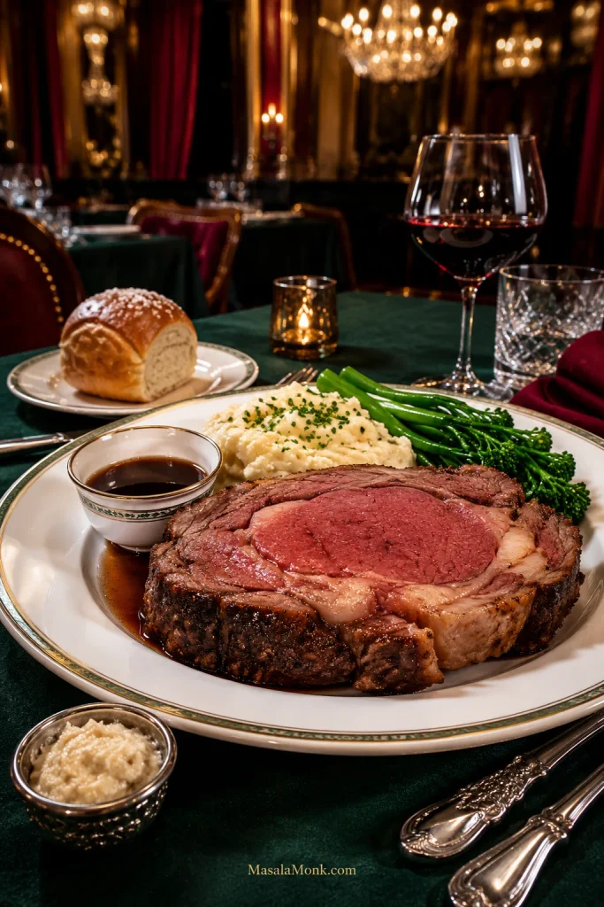 Prime rib dinner plate with mashed potatoes, bright green vegetables, au jus, horseradish sauce and a dinner roll in an elegant restaurant dining room.