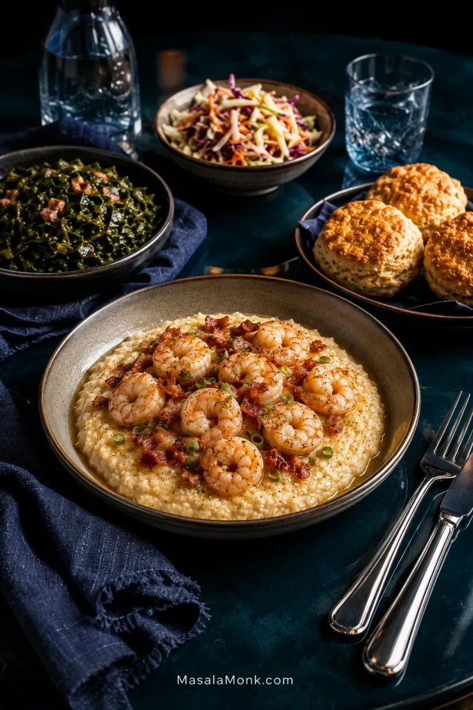 Shrimp and grits served with crisp slaw, collard greens and warm biscuits on a glossy dark teal dinner table.