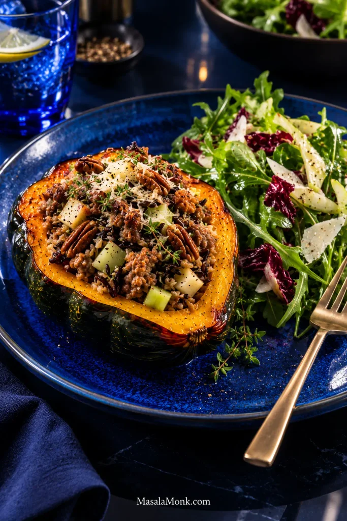 One sausage-and-wild-rice stuffed acorn squash half on a deep blue plate beside a fresh, crisp green salad with vinaigrette.
