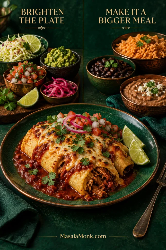 Tamale casserole serving with two groups of sides: lime, cabbage, pico de gallo, guacamole and pickled onions for freshness, and rice, black beans and refried beans for a more substantial meal.