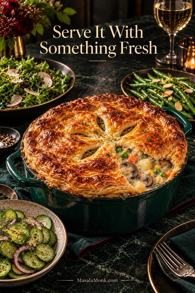 Vegetable pot pie served with fresh sides including cucumber salad, leafy greens and green beans on a dark dining table.