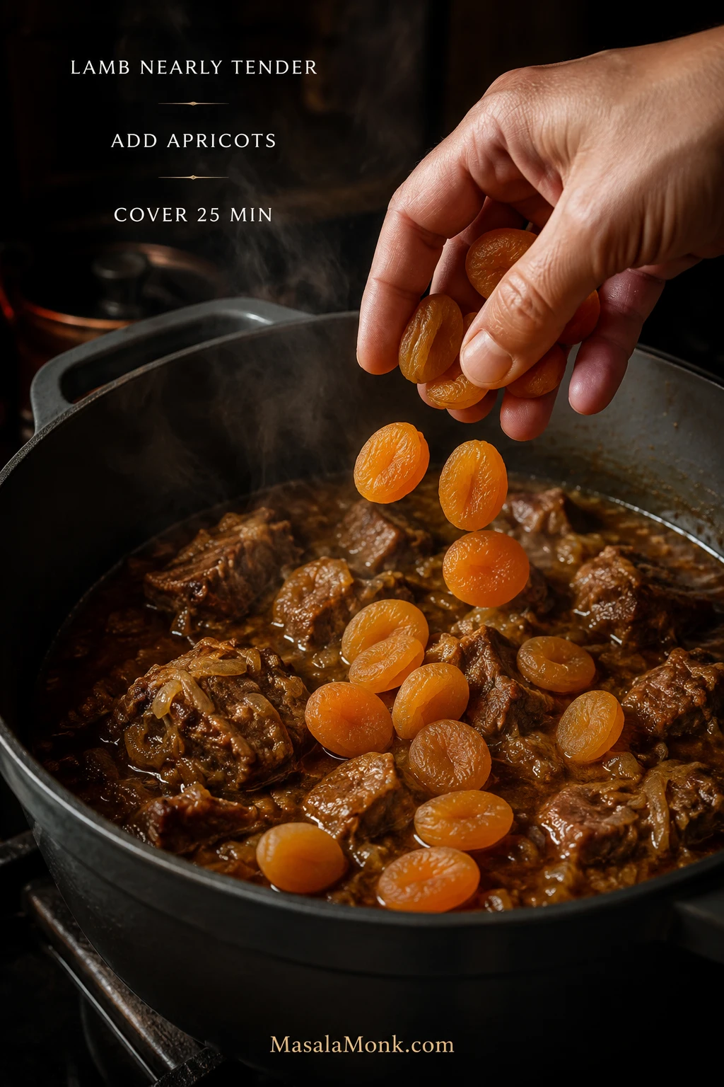 A hand adding dried apricots to nearly tender braised lamb, with instructions to add the apricots near the end and cover the pot for 25 minutes.
