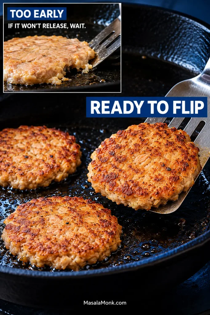 Comparison graphic showing a pale sticking patty labeled Too Early and three browned patties labeled Ready to Flip, with one lifting cleanly on a metal spatula.