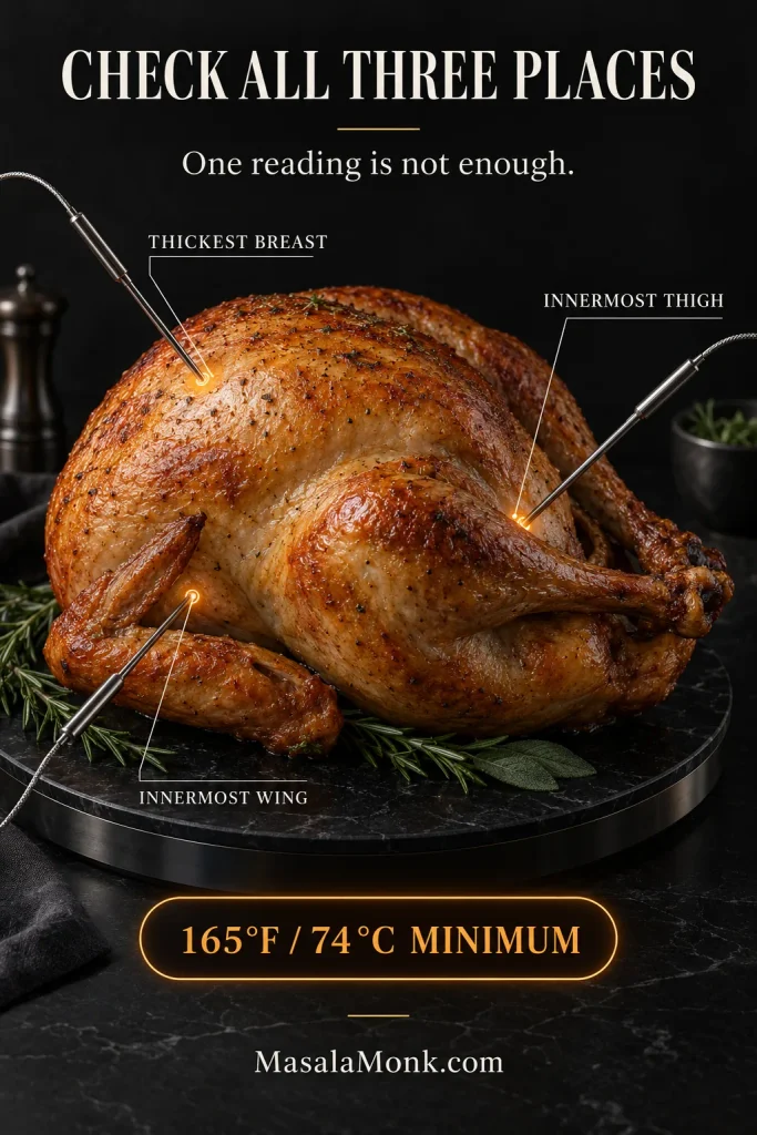 Whole roast turkey with three thermometer probes marking the thickest breast, innermost thigh and innermost wing, plus a 165°F minimum label.