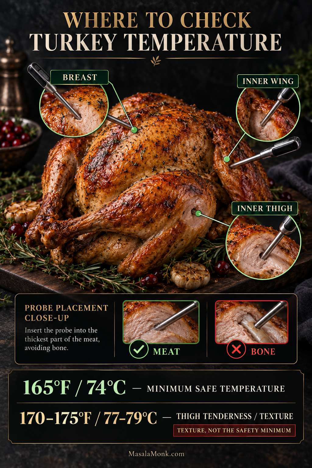 Roasted turkey with thermometer placement illustrated in the thickest breast, inner thigh, and inner wing, including guidance to keep the probe in meat rather than against bone.