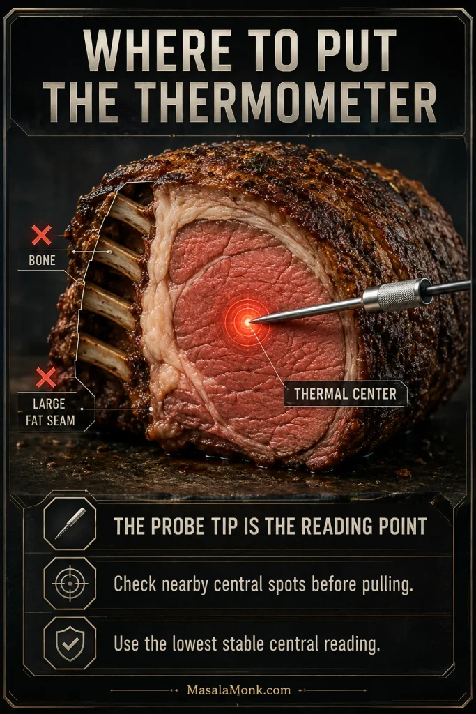 Cutaway of bone-in prime rib showing the thermometer tip in the thick central meat, with the rib bone and a large fat seam marked as places to avoid.