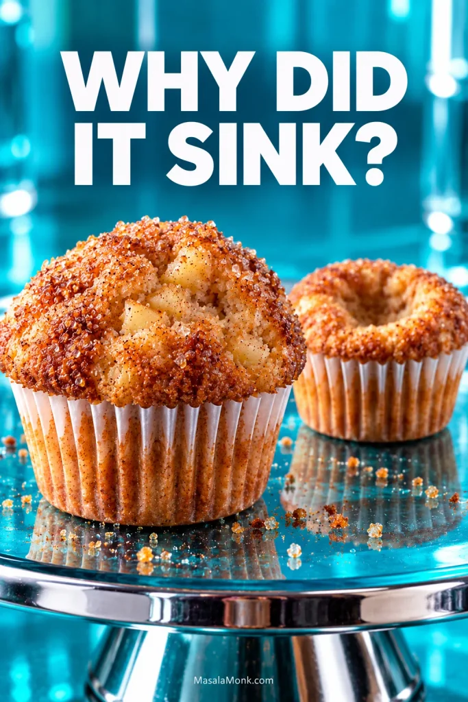 Properly risen apple muffin beside another muffin with a depressed center and a higher outer rim on a turquoise background.