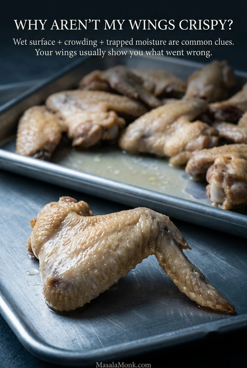 Soft pale cooked chicken wing in front of a crowded sheet pan of wings with pooled liquid and moisture visible underneath.