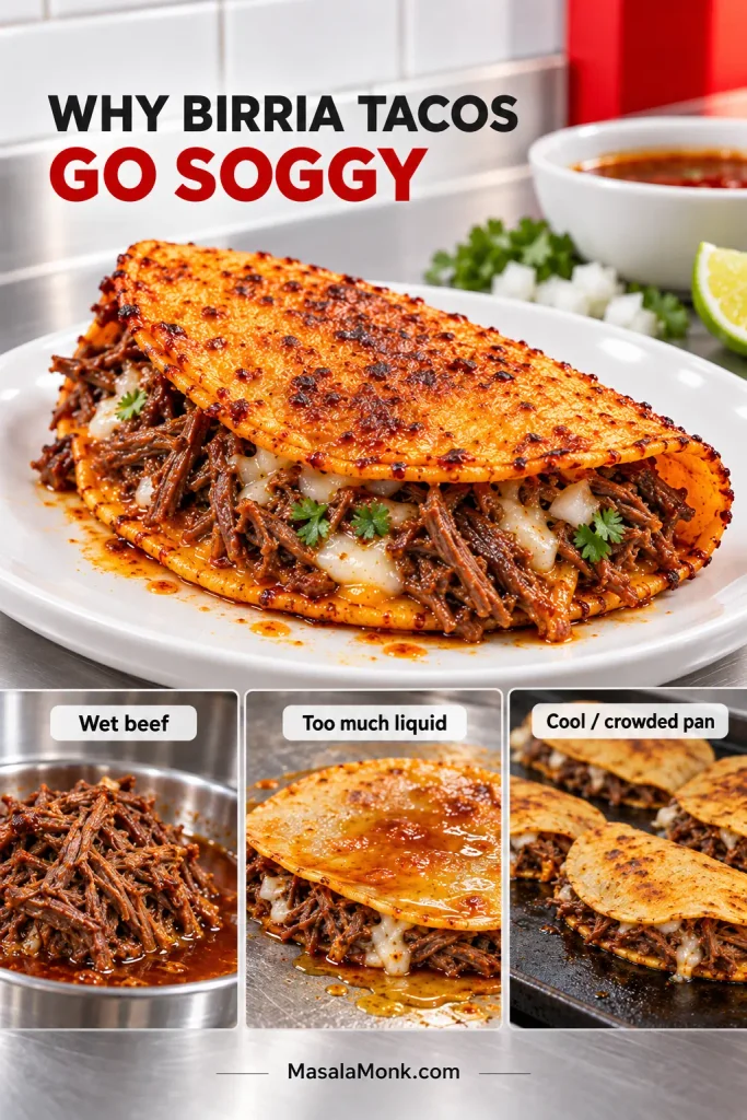 Crisp birria taco above smaller examples of wet shredded beef, a tortilla coated with excess liquid and tacos crowded on a griddle.