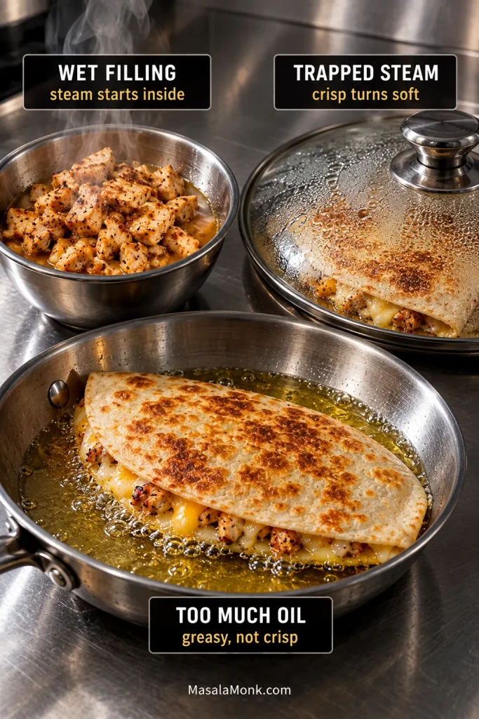 Three examples showing causes of soggy quesadillas: wet chicken filling sitting in liquid, a quesadilla frying in excessive oil and a hot quesadilla covered beneath a condensation-filled lid.