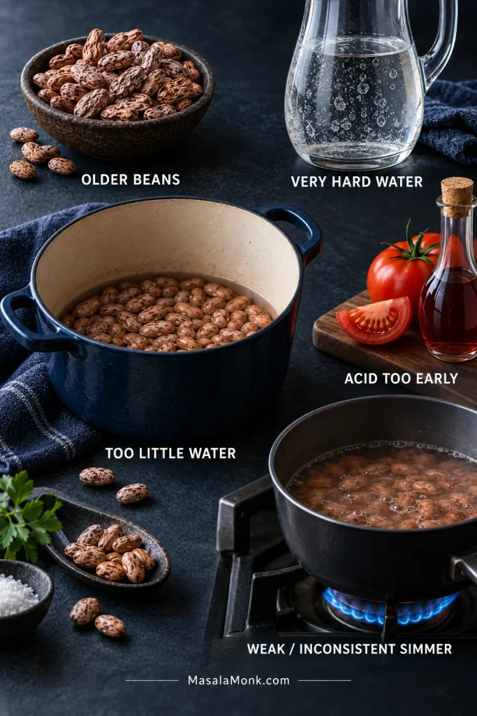 Diagnostic board showing older dried pinto beans, hard-water cues, acidic ingredients added early, a pot with too little water, and a weak simmer.