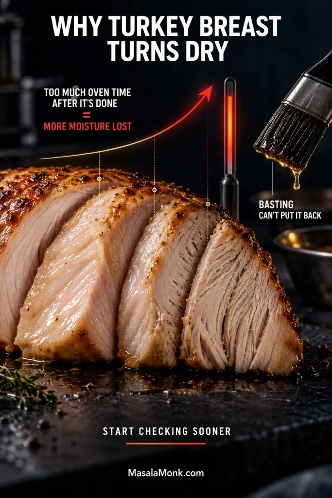 Close-up turkey breast slices progressing from moist to dry beside a rising heat-and-time line and a basting brush, illustrating moisture loss from extra oven time.