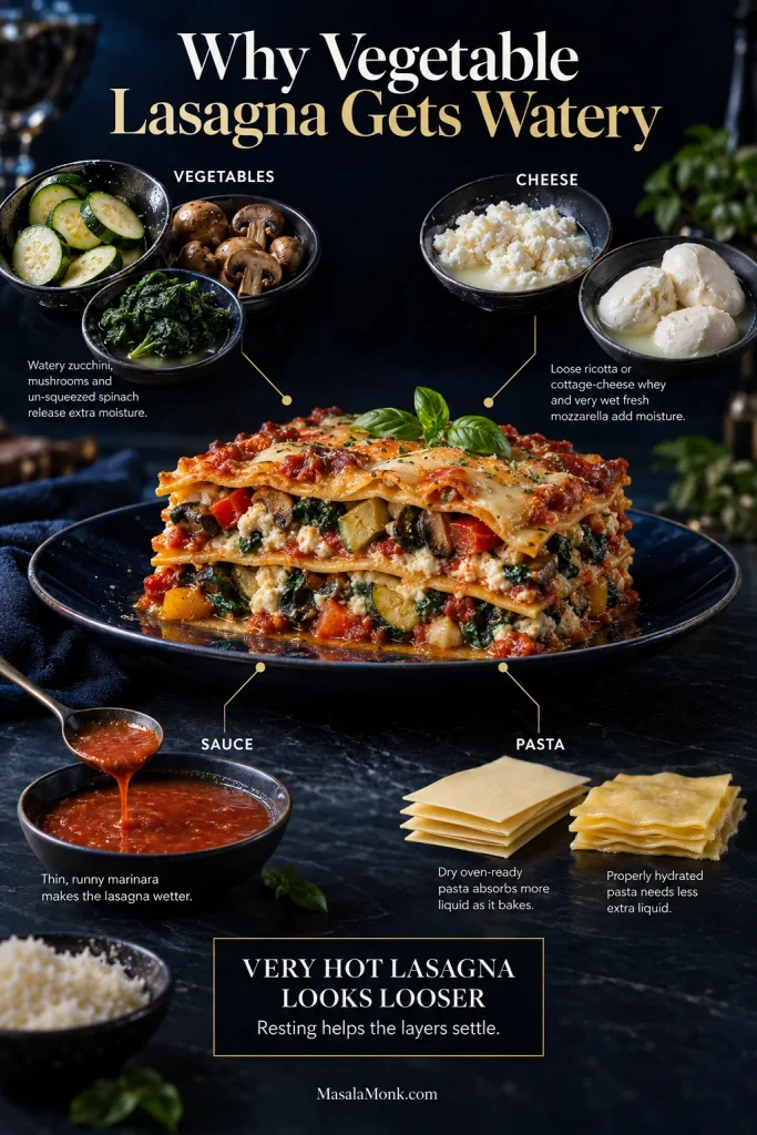 Vegetable lasagna surrounded by four moisture sources: wet vegetables, watery cheese, thin marinara and pasta with different hydration needs.