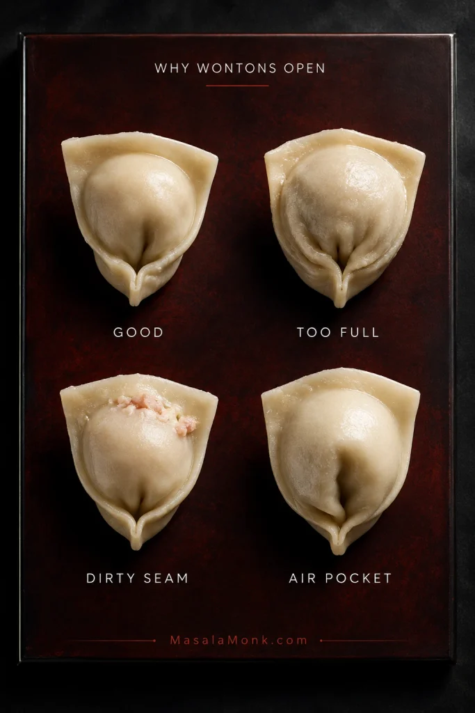 Four wontons labeled Good, Too Full, Dirty Seam and Air Pocket, demonstrating common sealing problems that can cause wontons to open during cooking.