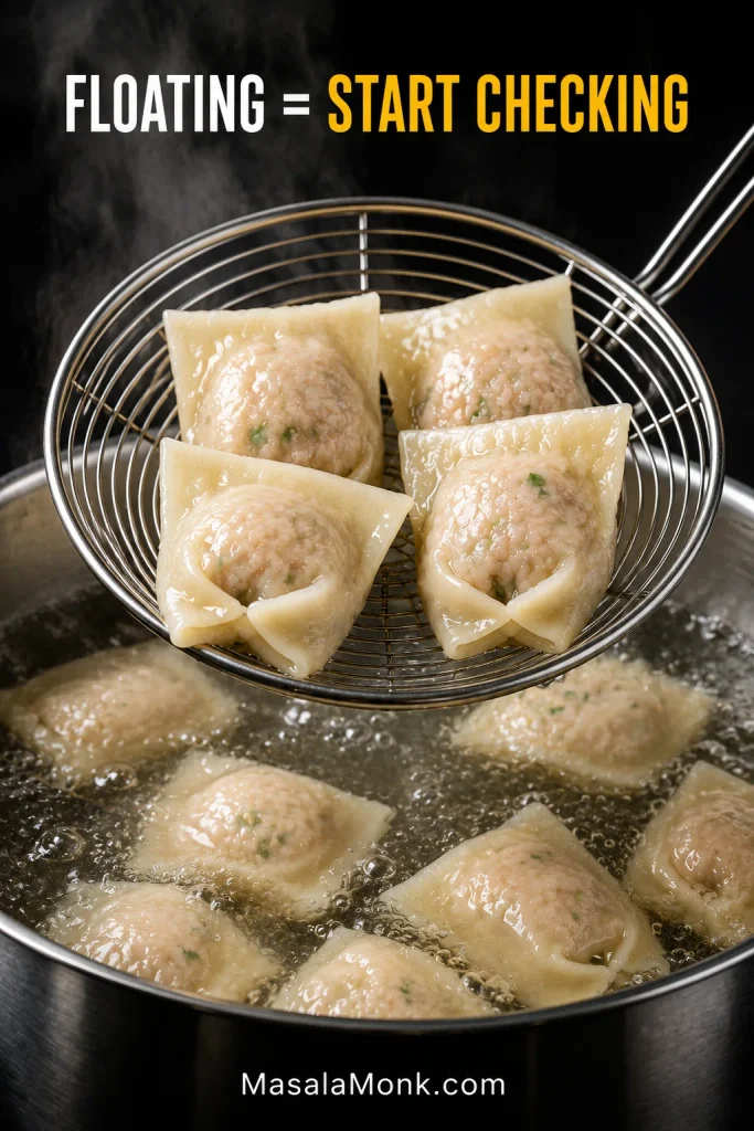 Translucent cooked wontons lifted in a round wire skimmer above gently boiling water, with more wontons floating in a stainless-steel pot and the text “Floating = Start Checking.”