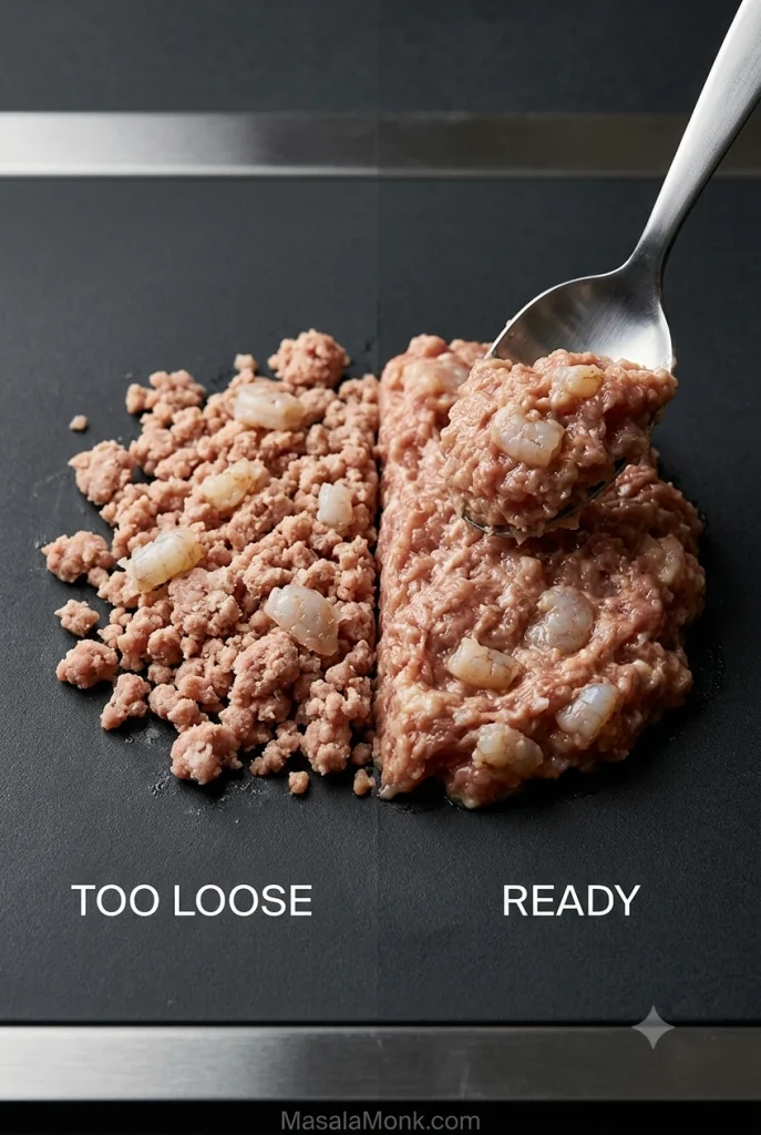 Comparison of loose, granular pork-and-shrimp wonton filling beside properly mixed filling that looks sticky, moist and cohesive.