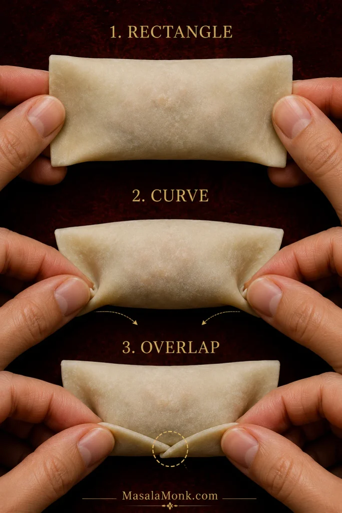 Three close-up stages labeled Rectangle, Curve and Overlap, showing the two lower wrapper corners being brought together and crossed at the front.