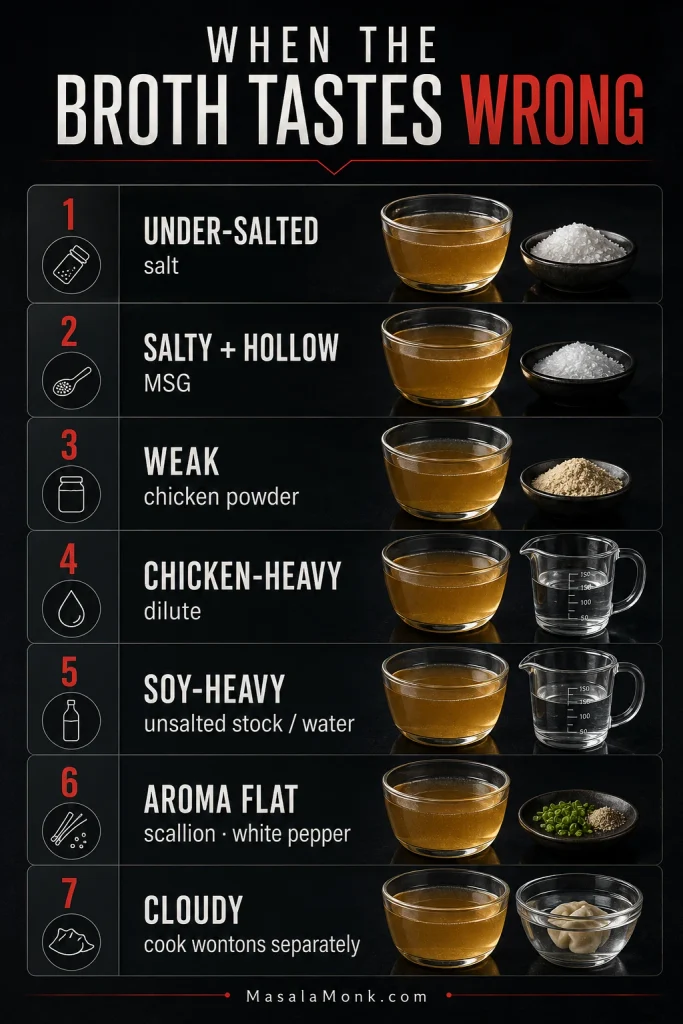 Broth troubleshooting graphic pairing seven taste problems with corrections including salt, MSG, chicken powder, dilution, unsalted stock or water, scallion and white pepper, and cooking wontons separately.