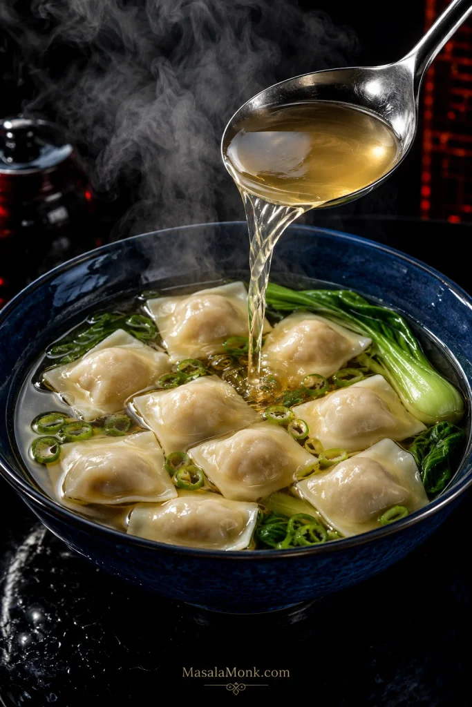 Clear golden broth pouring from a metal ladle into a blue bowl of cooked wontons, baby bok choy and sliced scallions.