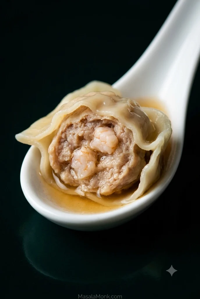 Cut-open pork-and-shrimp wonton showing moist ground pork mixed with small chopped shrimp pieces and a few green scallion flecks.