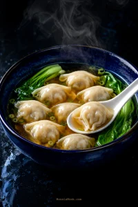 Steaming bowl of pork-and-shrimp wonton soup with clear amber broth, baby bok choy, sliced scallions and a wonton lifted on a white spoon.
