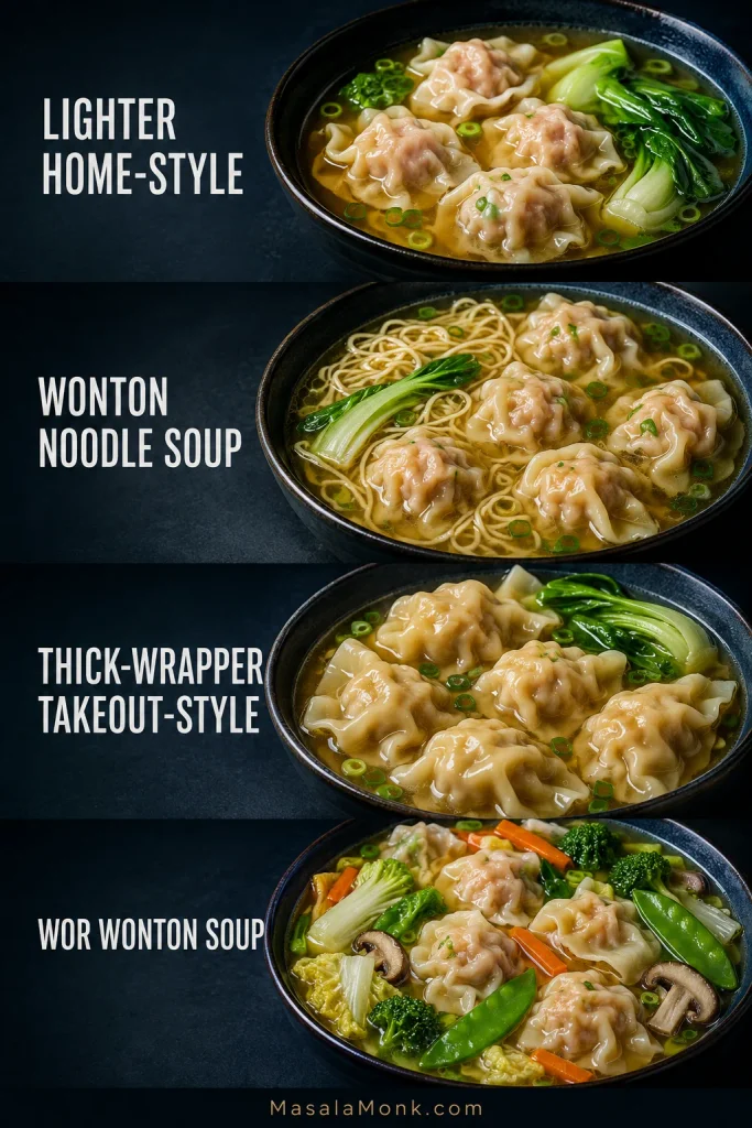 Four vertically stacked bowls labeled Lighter Home-Style, Wonton Noodle Soup, Thick-Wrapper Takeout-Style and Wor Wonton Soup, each showing a visibly different serving style.