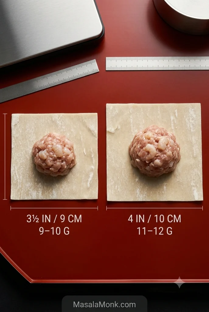 Two square wonton wrappers with measured portions of pork-and-shrimp filling showing the appropriate amount for 3½-inch and 4-inch wrappers.