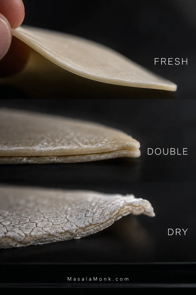 Macro comparison labeled Fresh, Double and Dry showing a supple single wonton wrapper, two wrappers stuck together and a dry wrapper with curled or cracked edges.
