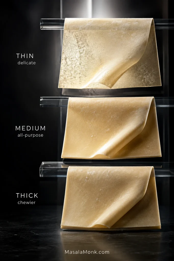 Three raw wonton wrappers labeled Thin, Medium and Thick, displayed to show differences in translucency, edge thickness and flexibility.