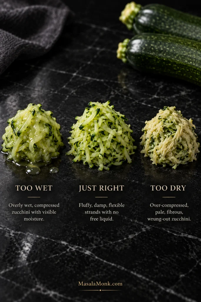 Three portions of shredded zucchini compare preparation states labeled too wet, just right and too dry; the middle portion looks damp but has no visible free liquid.