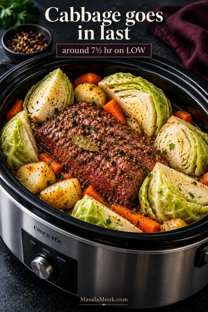 Green cabbage wedges with their cores attached being added late to a slow cooker containing corned beef, potatoes and carrots.