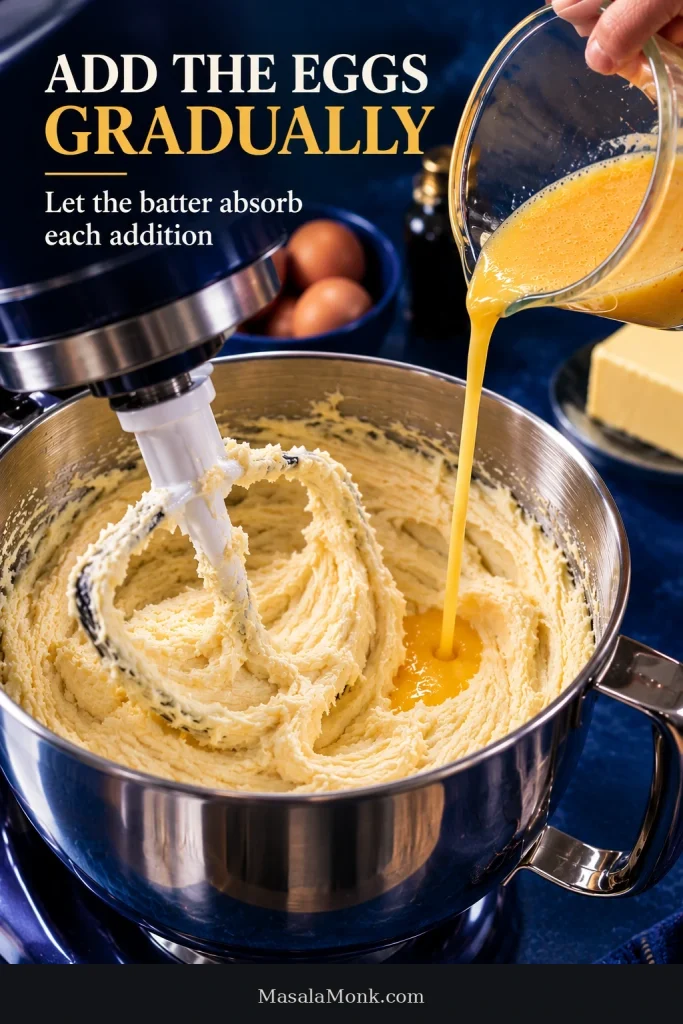 Beaten eggs being poured in a thin stream from a spouted glass measuring cup into pale pound cake batter in a stand mixer.